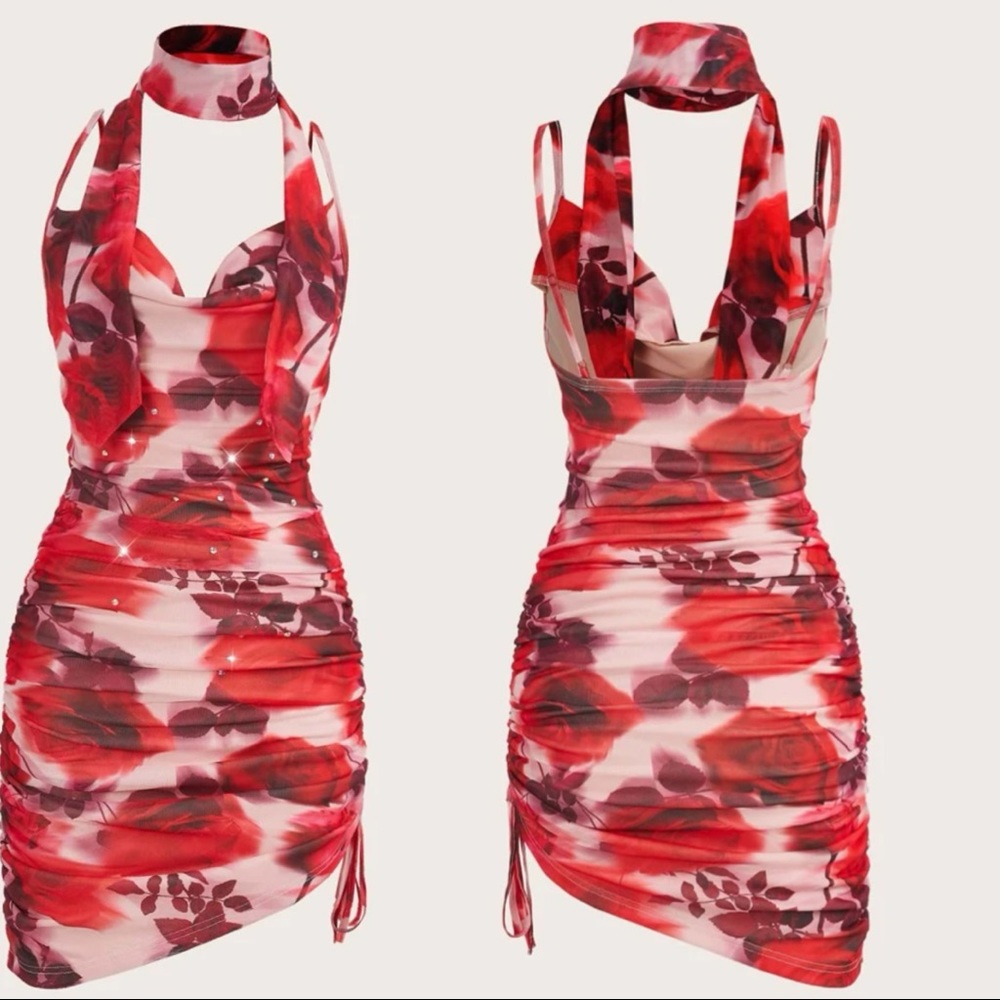 Red Floral Mesh Ruched Scarf Neck Mini Dress Size S